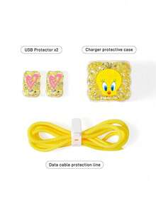 LOONEY TUNES X SHEIN Protector de cable de datos, adecuado para cargador de , juego de 4 piezas de protectores de cable de teléfono móvil, protector de cargador (excluyendo cable de datos) - Amarillo - Ver 4
