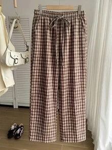 Comfortcana Chocolate Brown Summer Smart Casual Everyday Plaid Casual Pants,Loose Drawstring Waist Pleated Wide Leg Pants Plus Size Countryside Style Trousers - Brown - View 2