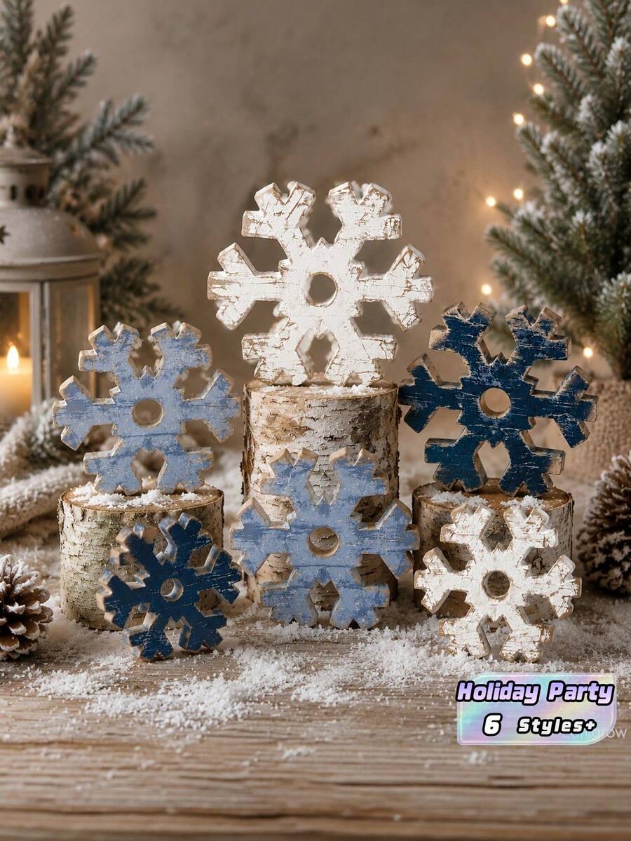 6 Piece Set Winter Wooden Snowflake Decor Rustic Farmhouse Christmas Table Sign Wonderland Wood Block Ornament For Mantel Shelf Fireplace Holiday Party Home Kitchen Celebration Gift For Housewarming Anniversary - multicolor - View 1