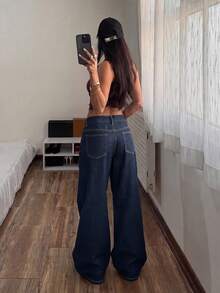 SHEIN Tall Celana Jeans Denim Wanita Model Lebar, Longgar, Kasual, Serbaguna dengan Kantong, Cocok untuk Musim Gugur - Dark Wash - View 3
