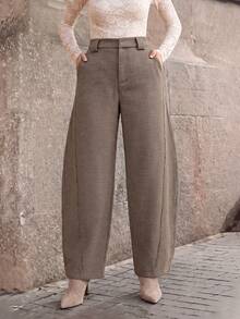 Anewsta Autumn/Winter Vintage British Style High Waist Curved Leg Brown Gray Casual Pants - Coffee Brown - View 5