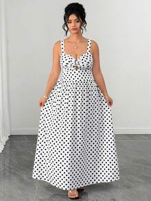 Elenzga Plus Size Women's Elegant 1920 Vintage All White Print Twisted Front Cutout Cami High Waist A-Line Dress Suitable For Summer Daily Commute - Black and White - View 3