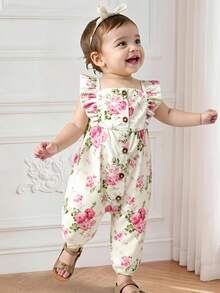 SHEIN Playful Pals Floral Print Ruffled Collar Sleeveless Jumpsuit For Baby Girls Baby, Suitable For Spring/Summer Outings, Vacation And Daily Wear Autumn Fall - Apricot - View 1