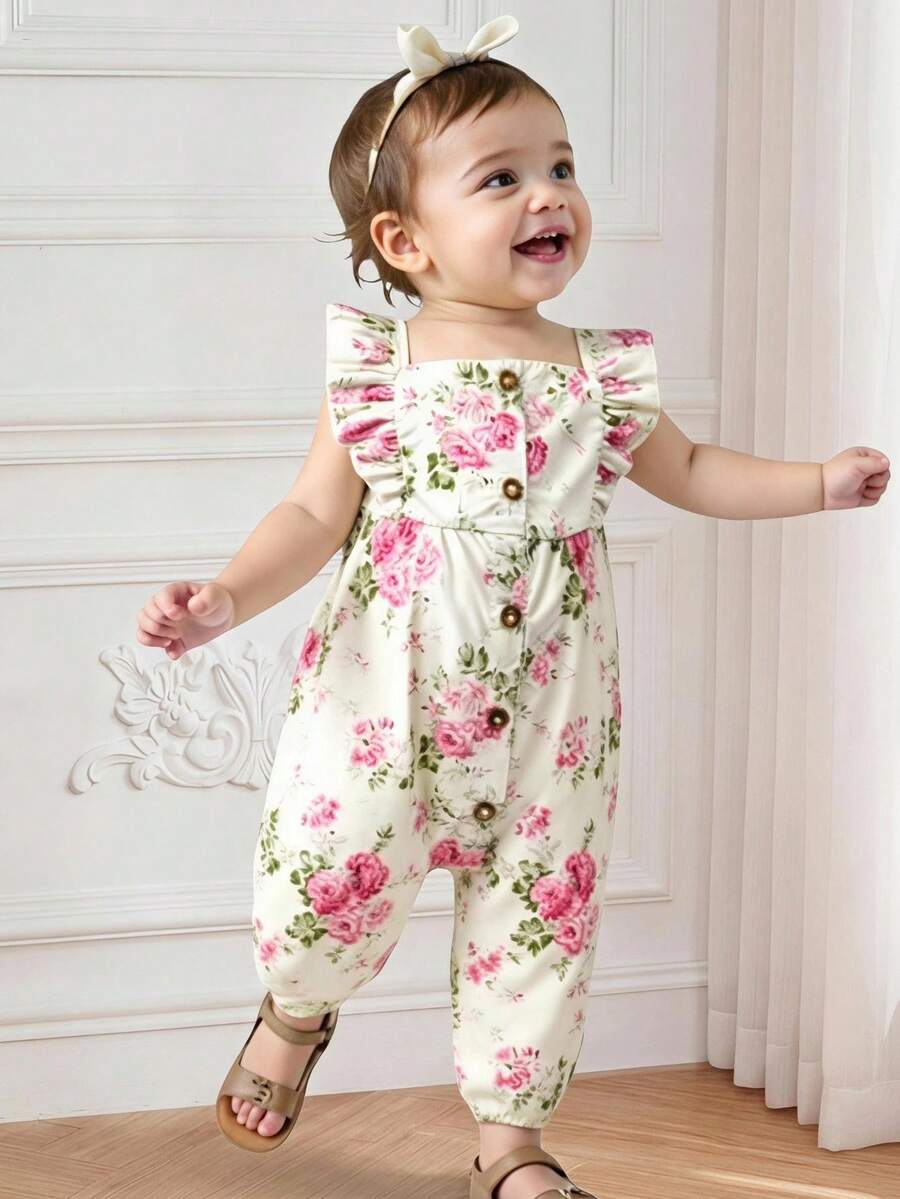 SHEIN Playful Pals Floral Print Ruffled Collar Sleeveless Jumpsuit For Baby Girls Baby, Suitable For Spring/Summer Outings, Vacation And Daily Wear Autumn Fall - Apricot - View 1