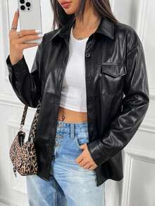 INAWLY Women's Solid Color PU Leather Casual Versatile Daily Long Sleeve Jacket - Black - View 3