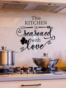 1PC Black UV Vinyl Waterproof Oilproof Removable Self Adhesive Quote This KITCHEN Is Seasoned With Love Inspirational Typography Wall Decal Sticker For Home Dining Room Kitchen Farmhouse Rustic Modern Wall Decor Gift - multicolor - View 2