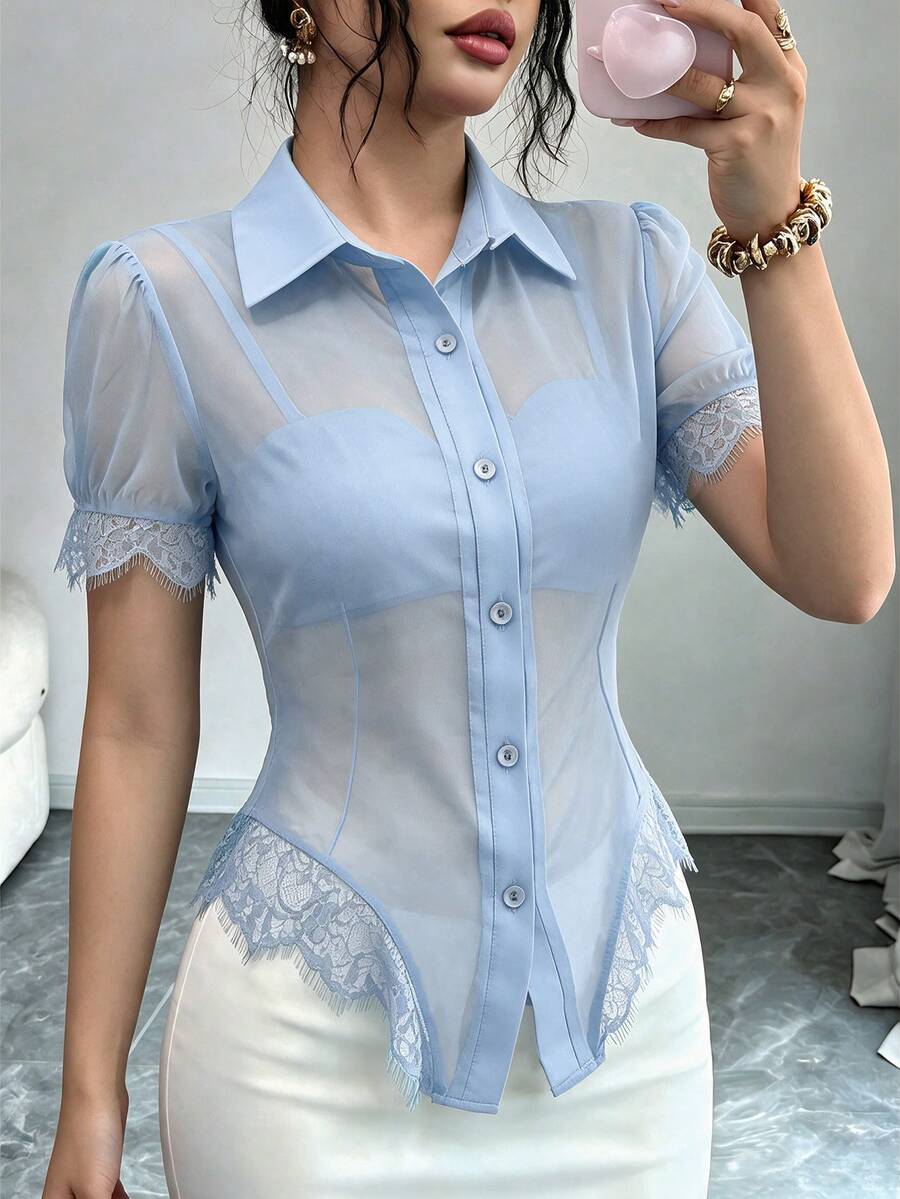 Elenzga 女款純色對比蕾絲袖口單排扣時尚上衣 - 藍色 - 查看 1