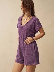 Bohemela Busana Wanita Minimalis Kasual Model Romper Leher V Gaya Jalanan Liburan Musim Panas Warna Ungu Muda - Purple - View 8