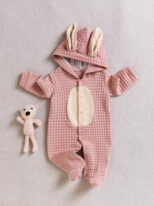 1 pieza Pijama de una pieza para bebé con diseño de orejas de conejo 3D rosa, suave y lindo, adecuado para otoño/invierno - Rosa Pálido - Ver 3