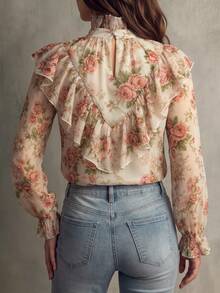 LUMIGAL Floral Chiffon Ditsy Print Ruffle Trim Stand Collar Double Layer Front & Back Flounce Patchwork Puff Bell Long Sleeve Women's Blouse - Multicolor - View 2