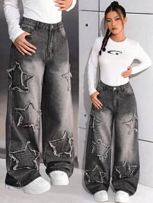 SHEIN 少女Y2K时尚休闲宽松阔腿牛仔裤，星形拼接设计，阔腿裤，秋季返校季，宽松星形牛仔裤，Y2K宽松牛仔裤，宽松牛仔裤，灰色冬季宽松牛仔裤 - 黑色 - 查看 1