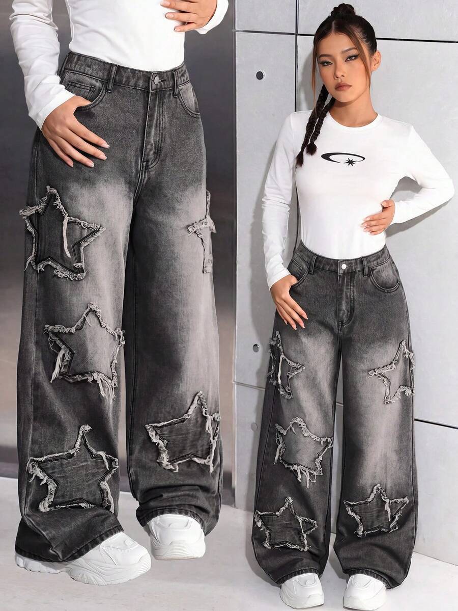 SHEIN 少女Y2K时尚休闲宽松阔腿牛仔裤,星形拼接设计,阔腿裤,秋季返校季,宽松星形牛仔裤,Y2K宽松牛仔裤,宽松牛仔裤,灰色冬季宽松牛仔裤 - 黑色 - 查看 1
