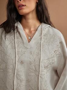 WESTFADE Floral Embroidered Long Sleeve Oversized Hooded Sweatshirt, Fall, Winter, Autumn, Female Country Look, Cowgirl, Rodeo, Western, Back To School - Cream - View 6