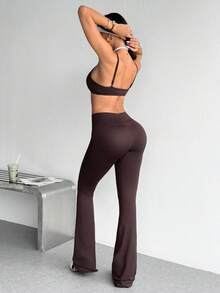 Dewbera Dewbera Women's 2 Pieces Bra And Solid Color Leggings Casual Sporty Athleisure Daily Sports Set Gym Dark Brown Autumn - Coffee Brown - View 2