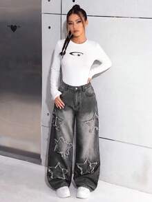 SHEIN 少女Y2K时尚休闲宽松阔腿牛仔裤，星形拼接设计，阔腿裤，秋季返校季，宽松星形牛仔裤，Y2K宽松牛仔裤，宽松牛仔裤，灰色冬季宽松牛仔裤 - 黑色 - 查看 3