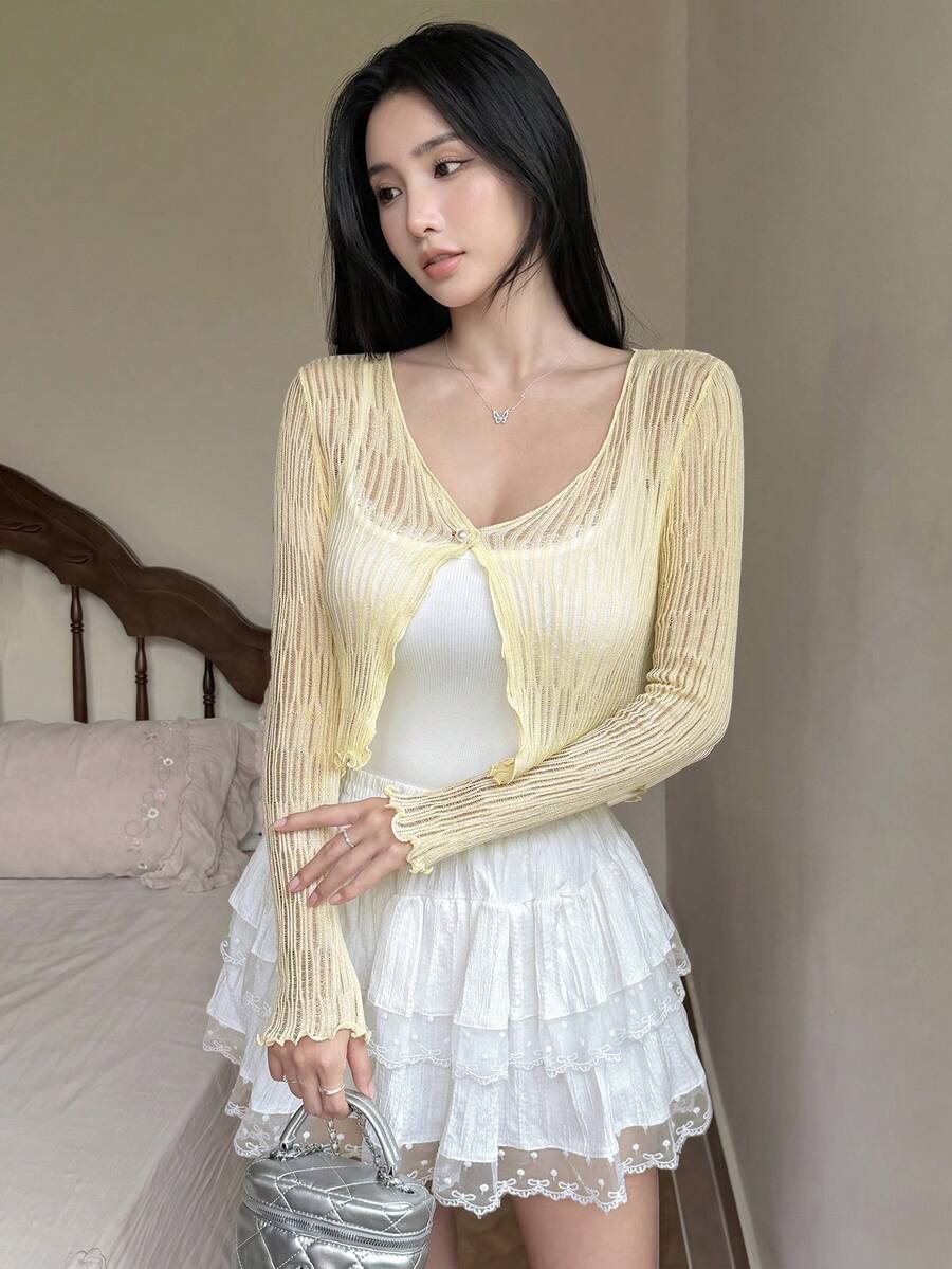 Tideelle 淡黃色溫柔風荷葉邊鏤空針織罩衫 女款秋季輕量防曬寬鬆顯瘦長袖外套 早午餐穿搭