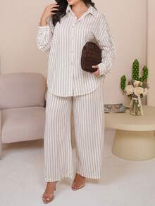 The Leen Edit Autumn/Winter New Loose Casual Striped Women's 2 Pieces Set Elegant - Khaki - View 4