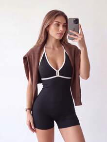 Dewbera Dewbera Women's Minimalist Striped Colorblock Halter Neck Athletic Romper - Black - View 6