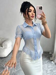 Elenzga 女款純色對比蕾絲袖口單排扣時尚上衣 - 藍色 - 查看 5