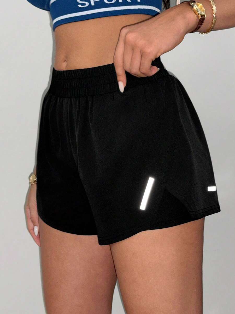 SHEIN Dewbera Double Layer Anti-Exposure Drawstring Sports Shorts - Black - View 1