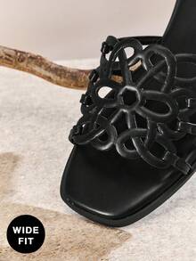 SHUZIA #宽楦 UrbanLuxe 女士现代方头艺术镂空设计纯素皮革黑色拖鞋 – 时尚简约，轻松打造任何场合的别致风格。 - 黑色 - 查看 6