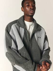 SUMWON Oversized Sherpa Fleece Bomber Jacket Two Tone Color Block Full Zip Ribbed Collar Cuffs Cozy Winter Outerwear - Grey - View 4
