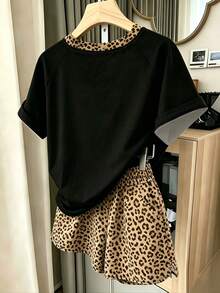 Resyla 女款戶外套裝，夏季新品，短袖T恤與短褲套裝，豹紋圖案，棕色、黑色，街拍風格，節慶穿搭，女款T恤與短褲套裝 - 彩色 - 查看 2