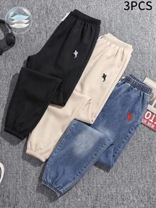 SHEIN Vacaura 青少年男孩百搭牛仔褲與梭織休閒長褲3件套，適合學校、日常穿著及其他場合，刺繡Logo裝飾，時尚有型 - 彩色 - 查看 4