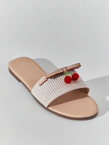 SHEIN Solezae Women Cherry Fruit Decor Slip-On Open Toe Everyday Summer Dreamy Cute Raffia PU Flat Sandals Valentine's Day Summer Shoes - Beige - View 5