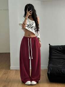 SHEIN Tall CURVE 大码女式街头风外出休闲裤，大码弹力腰带舒适筒状裤，阔腿运动裤 - 酒紅色 - 查看 5