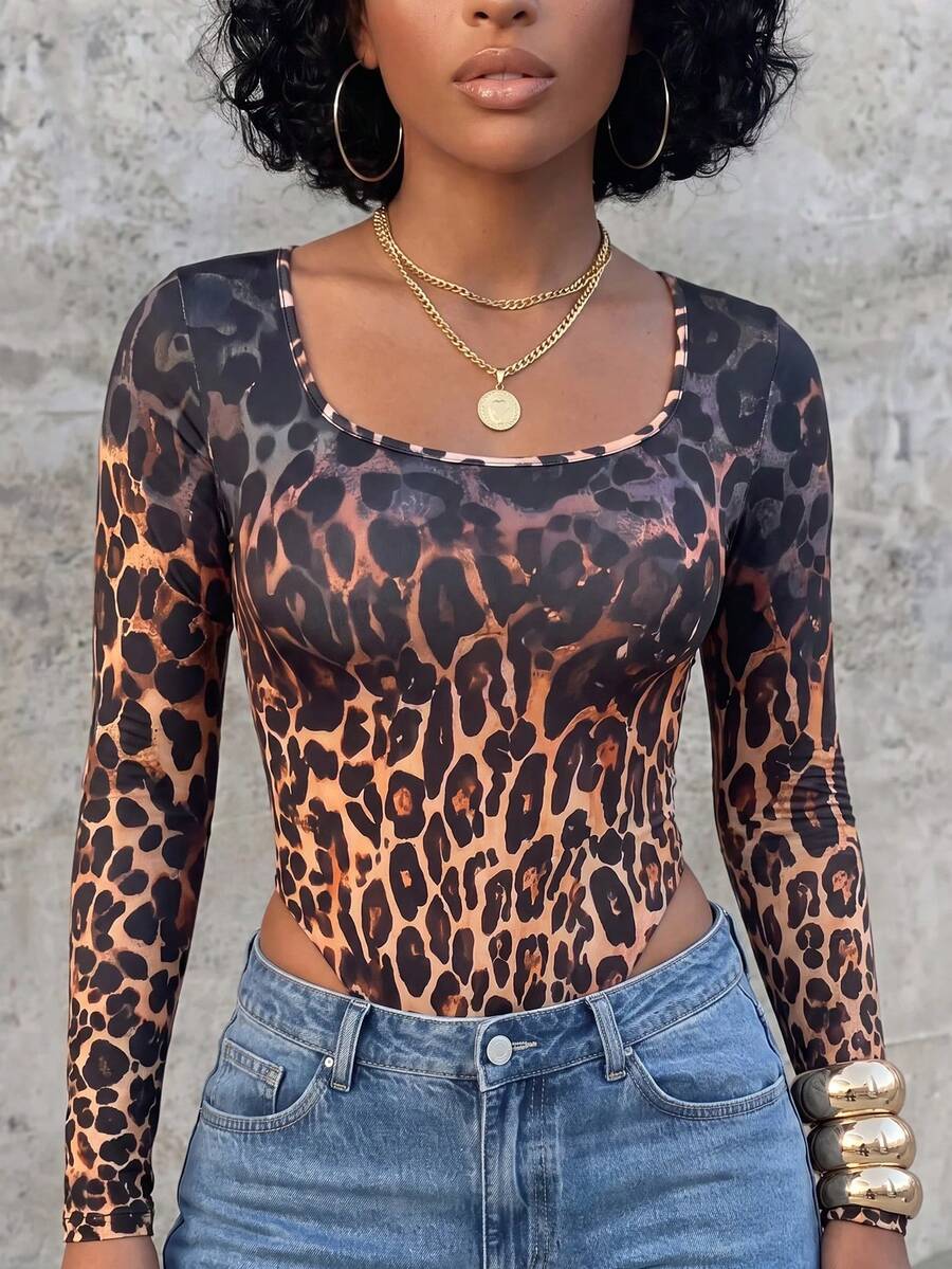 Eryvara Women's New Autumn Leopard Print Square Neck Long Sleeve Bodysuit, Home Wear, Inner Layer, Daily Versatile - Brown - View 1