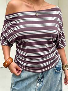 Muchica 女款棕色條紋寬鬆不對稱露肩短袖抓皺大尺碼T恤 - 彩色 - 查看 6