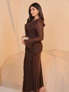 The Leen Edit Black Knit Mesh Deep V-Neck Long Sleeve Ruffle Hem Dress,Wedding Guest Dress Women Elegant - Coffee Brown - View 2
