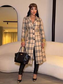 SOLERSUN Sexy Elegant Casual Women's Autumn/Winter Wool Plaid Coat (Random Pattern) - Khaki - View 5