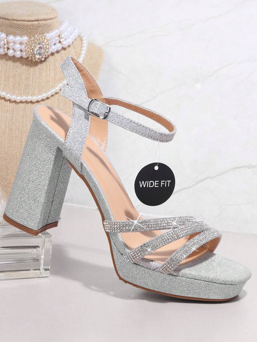 SHUZIA Glitter Chunky Heeled Ankle Strap Sandals For Christmas Valentine's Day Wide Fit,Travel Essentials For Summer - Silver - View 1