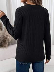 SHEIN LUNE Pure Cotton Solid Ribbed Texture Fabric Autumn/Winter Base Layer T-Shirt - Black - View 4