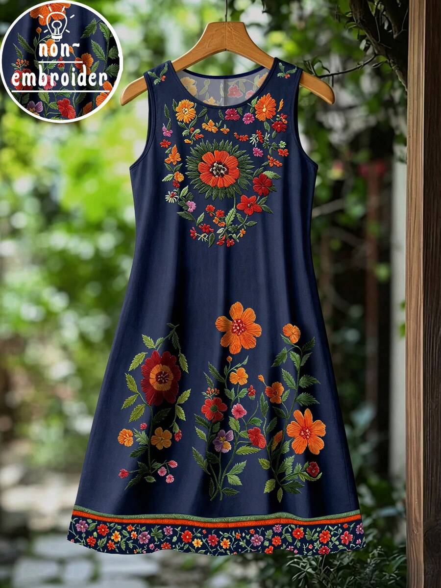 EMERY ROSE 大尺碼海軍藍底花卉仿刺繡印花圓領無袖寬鬆A字中長背心洋裝 女款夏季波希米亞度假休閒陽光裙 - 彩色 - 查看 1