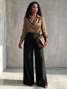 Eryvara Women's Fashion Cowl Neck Leopard Print Long Sleeve Collared Slim Fit Blouse, Suitable For Casual, Commuting, Dating, Daily Wear - Brown - View 6