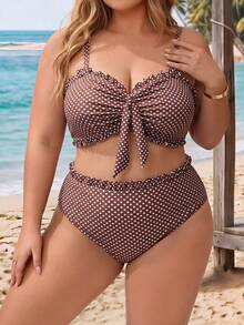 SHEIN CURVE+ 大尺碼女款夏季海灘波點細肩帶比基尼上衣與三角褲兩件式泳衣套裝 - 棕色 - 查看 4