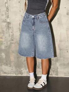Teen Girls Blue Denim Loose Capri Pants - Light Wash - View 4