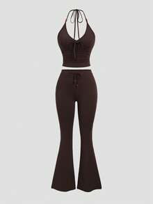 Sweetra Women's 2 Pieces Set Camisole Top And Bow Long Pants, Slimming Elegant Vacation Style - Brown - View 3
