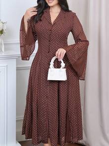 The Leen Edit Elegant Coffee Color Notched Collar Single-Breasted Waist Pleated Long Sleeve A-Line Shirt Dress For Women Vacation - Coffee - View 4