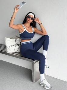 Gameset SHEIN Sport Women's 2 Pieces Cropped Tank Top And Leggings Sports Set - Black and White - View 7