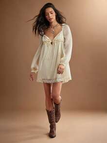 WESTFADE Gaun Mini Babydoll Chiffon & Lace dengan Leher Bulat dan Ikatan di Depan, Musim Gugur, Musim Dingin, Tampilan Wanita Gaya Pedesaan, Pakaian Koboi untuk Wanita, Gaya Barat, Rodeo - Aprikot - View 3