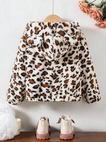 SHEIN 女童秋冬休閒豹紋毛絨拉鍊連帽開襟外套 - 彩色 - 查看 2