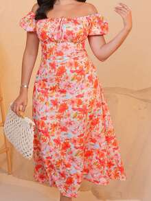 The Leen Edit Korean Style Orange Floral Puff-Sleeve Dress Women's Square Neck Ruched Slim-Fit Long Dress,Blush Pink,Summer,Boho,Holiday Elegant Vacation - Red - View 4