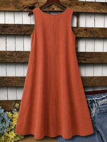 SHEIN CURVE+ Gaun Midi A-Line Tanpa Lengan Leher Bulat Bordir Warna Polos Minimalis untuk Wanita Ukuran Plus, Cocok untuk Liburan Kasual Musim Panas - Rust Brown - View 2