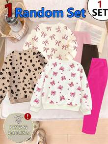SHEIN Playful Pals Girls' Cute Sweet Bow Rabbit Print Long Sleeve Sweatshirt And Fuchsia Knit Leggings 2 Pieces Set, Suitable For Outings, Daily Wear - Multicolor - View 2