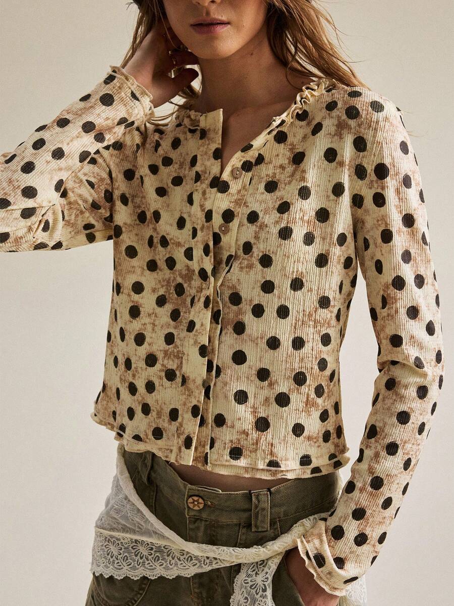 SHEIN كارديجان قصير للنساء بتصميم عتيق مهترئ بنقاط بولكا وحافة مكشكشة، قاعدة بيج + نقاط بولكا بنية داكنة + ياقة بحافة مكشكشة، قماش منسوج، مناسب للخروجات اليومية في الربيع/الخريف، مواعيد القهوة، التنقل الخفيف إلى المكتب - كاكي - مشاهدة 1