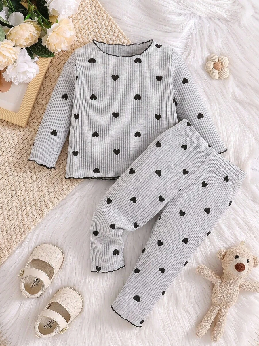 SHEIN Vintaside Kids Baby Girl Heart Print Contrast Lettuce Binding Tee & Pants Autumn Fall - Grey - View 1